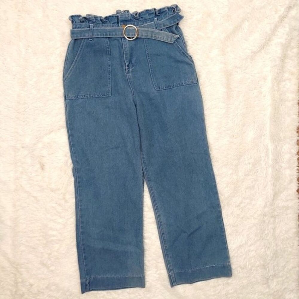 Shein Women's LARGE 30x29 Belted Gathered Waist Wide Leg Crop Denim Jeans